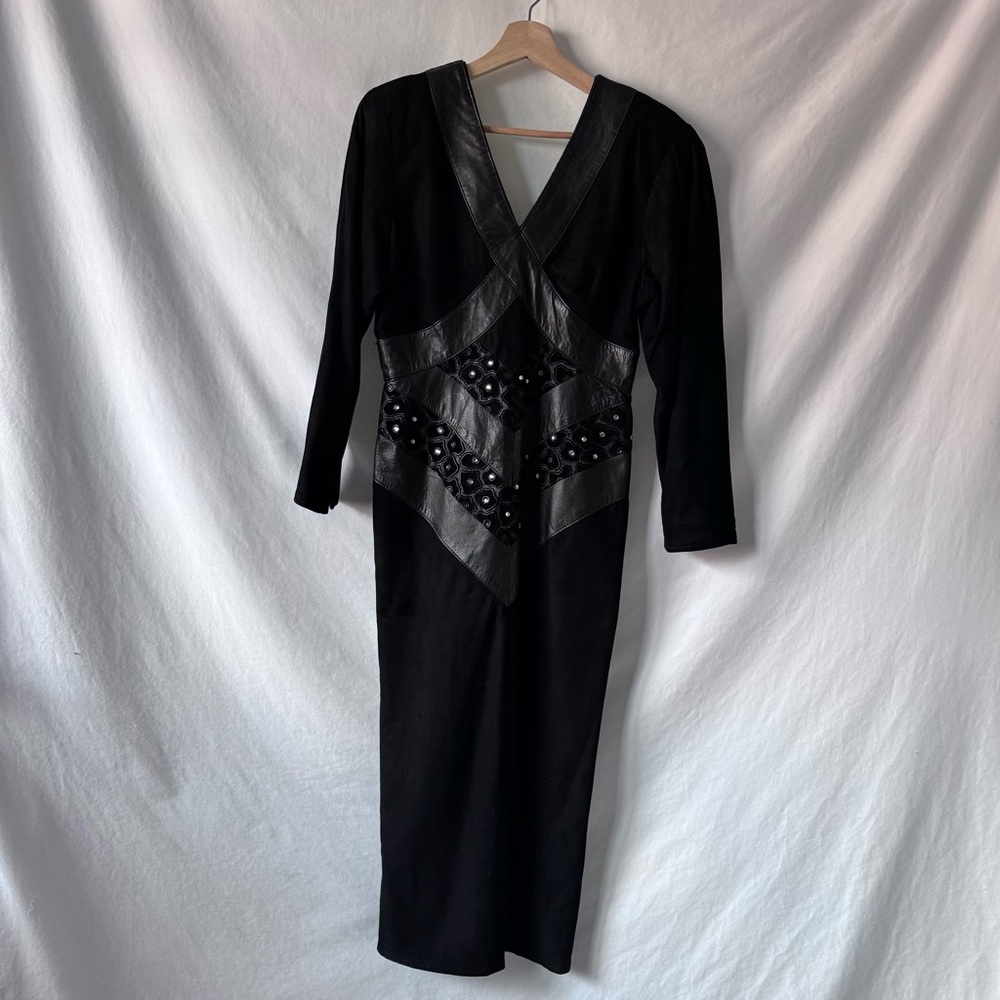 Vintage 1980s EREZ Leather Panel Evening Dress • Black Suede & Velvet • S/M - Picture 3 of 15